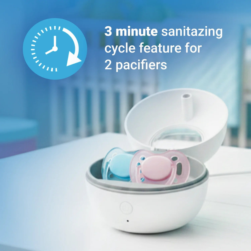 Mom holding Sterl Nest pacifier sanitizer